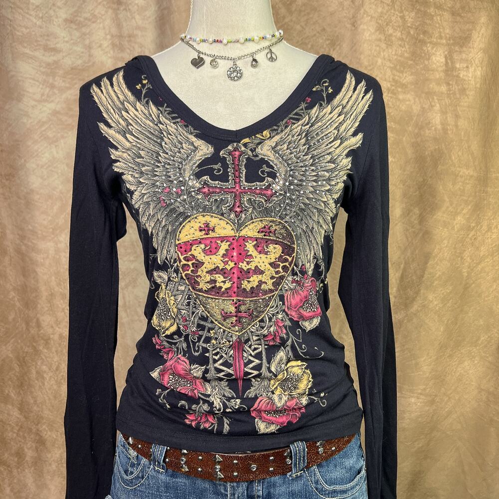 Angel Wing Crest Rhinestone Top Long Sleeve Hooded Double Sided Y2K Indie Sleaze
